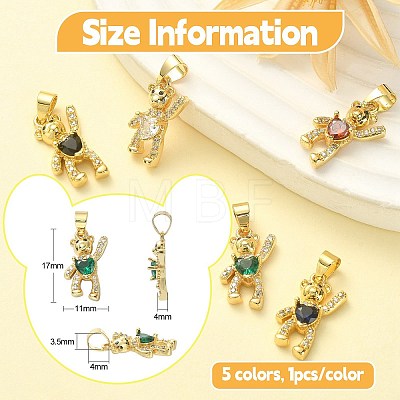 5Pcs 5 Colors Brass Clear Cubic Zirconia Pendants KK-CJ0001-76-1