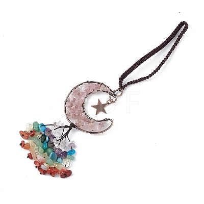Natural Rose Quartz Moon with Mixed Gemstone Chips Tassel Pendant Decorations G-L524-07R-A02-1