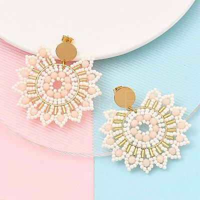 304 Stainless Steel & Bohemian Beaded Flower Dangle Stud Earrings for Women EJEW-R001-04B-1