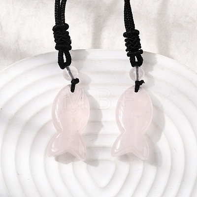 Natural Rose Quartz Fish Pendant Black Nylon Cord Necklaces NJEW-G185-01G-1