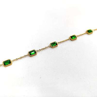 Ion Plating(IP) 304 Stainless Steel Pave Green Glass Rectangle Link Bracelets for Women BJEW-H613-11G-1