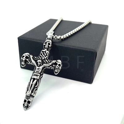 Vintage Punk 304 Stainless Steel Skull Jesus Cross Pendant Necklaces for Men AP1253-1