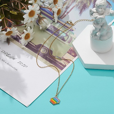 Rainbow Color Japanese Seed Braided Hexagon Pendant Necklace with 304 Stainless Steel Chains for Women NJEW-MZ00006-1