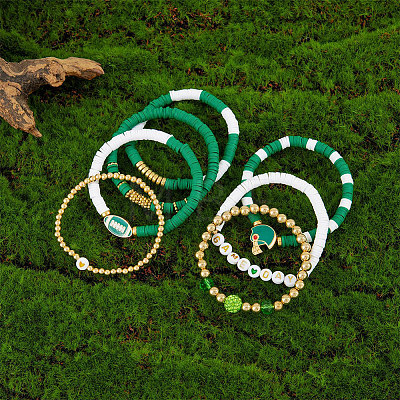 8Pcs 1Bag Rugby Polymer Clay Heishi & CCB Plastic Beaded Stretch Bracelets Set BJEW-PA0001-12D-1