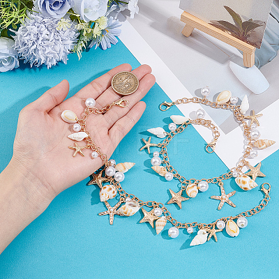 2Pcs Bohemian Starfish Alloy & Natural Shell Tassel Bag Decorative Chains AJEW-BBC0001-13-1