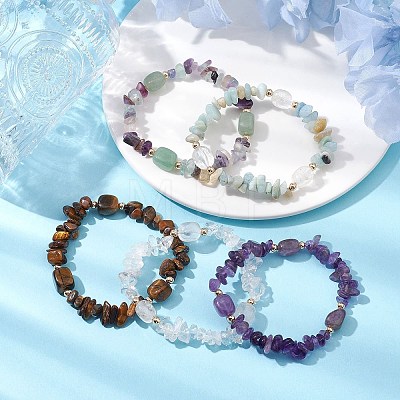 Natural Mixed Stone Chip & Cuboid Beaded Stretch Bracelets for Women BJEW-JB10808-1