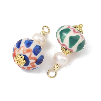 Handmade Porcelain & Natural Cultured Freshwater Pearl & Non-magnetic Synthetic Hematite & Brass Pendants PALLOY-JF05913-1