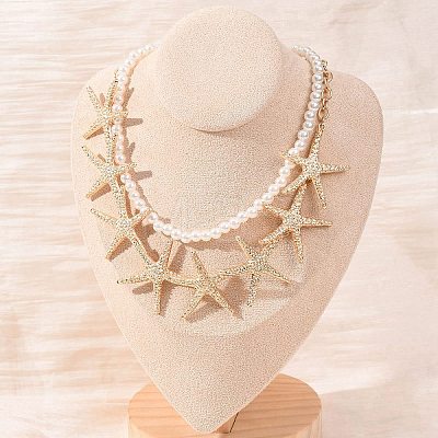 Ocean Imitation Pearl Beaded Alloy Starfish Bib Necklace Sets NJEW-Z116-03G-1