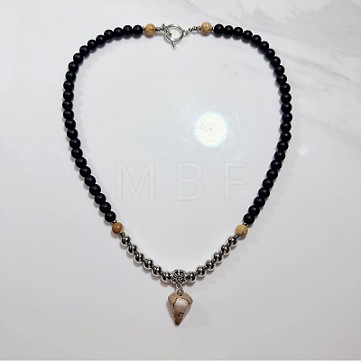 European 8mm Black Glass Beaded Natural Picture Jasper Pyramid Pendant Necklaces with Alloy OT Clasps for Men WW6368-2-1