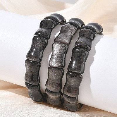 Bamboo Natural Silver Sheen Obsidian Beads Stretch Bracelets for Women Men BJEW-K304-01C-1