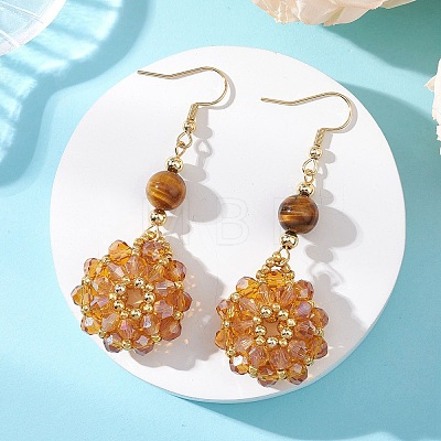 Flower Glass Seed Beads & Natural Tiger Eye Dangle Earrings EJEW-MZ00697-03-1