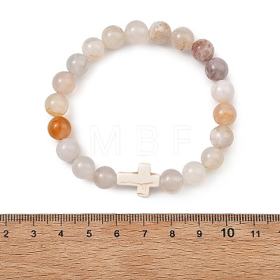 Natural Cherry Blossom Agate & Synthetic Turquoise Cross & Round Beaded Stretch Bracelets for Women Men BJEW-JB13926-01-1