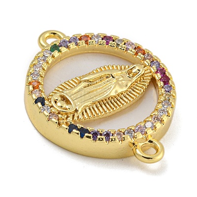 Rack Plating Brass Micro Pave Colorful Cubic Zirconia Flat Round Connector Charms KK-I718-47G-05-1