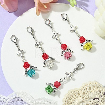 Angel Cross & Rose Resin & Glass Pendant Decoration HJEW-MZ00091-1