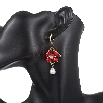 Flower with Teardrop Glass Beads Dangle Earrings EJEW-MZ00670-1