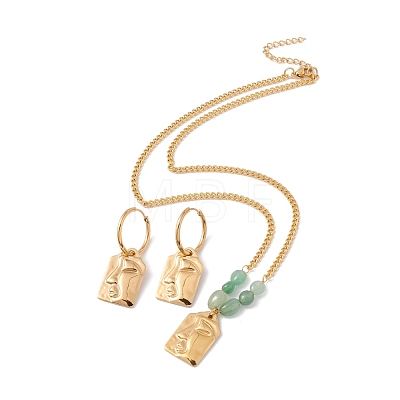 Abstract Face Dangle Stud Earrings and Pendant Necklace with Natural Green Aventurine SJEW-E043-02-1
