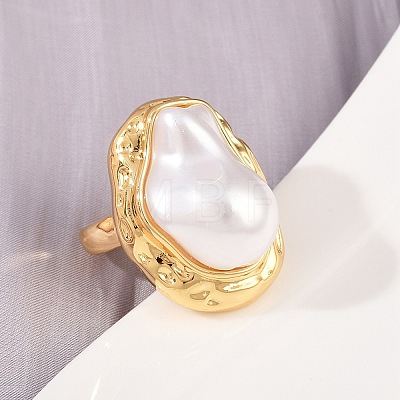 Brass ABS Plastic Pearl Cuff Rings for Women RJEW-L132-02G-1