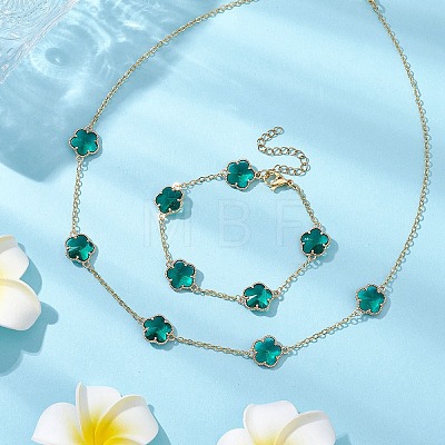 Plum Blossom Glass Links Necklace and Bracelet Sets SJEW-JS01293-03-1