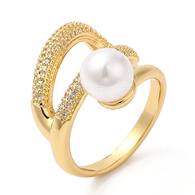 Rack Plating Brass Teardrop Cuff Ring with Plastic Pearl Beaded RJEW-D004-02G-1
