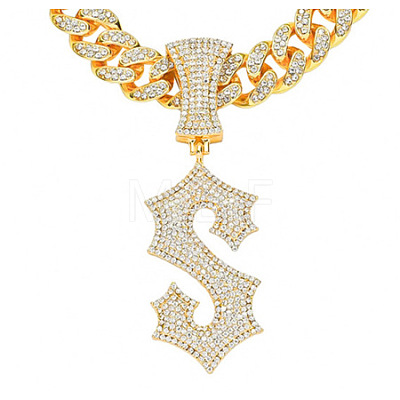 Alloy Full Crystal Rhinestone Letter Pendant Cuban Link Chain Necklaces for Men FS-WGEAD7F-06-1