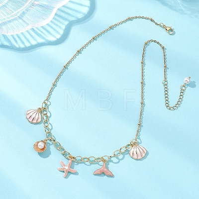 Ocean Alloy Enamel Whale Tail Shell Shape Starfish Pendant Brass Cable Chain and 304 Stainless Steel Satellite Chain Bib Necklaces for Women NJEW-JN05815-02-1