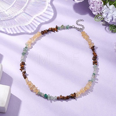 Natural Citrine & Tiger Eye & Green Aventurine Chip Beaded Necklaces NJEW-JN05099-01-1