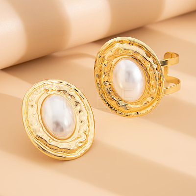 Oval Iron & Imitation Pearl Bangles & Cuff Rings Sets for Women WGBFE6E-01-1
