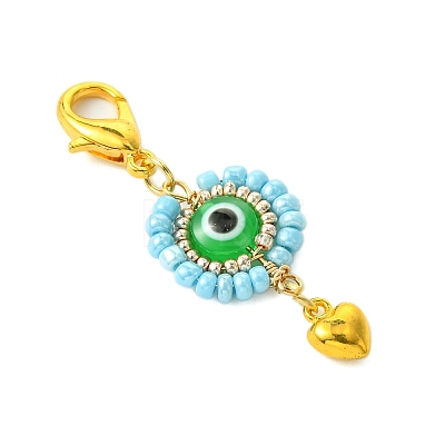 10Pcs Flat Round Evil Eye Resin with Glass Seed Pendant Decorations HJEW-MZ00095-1