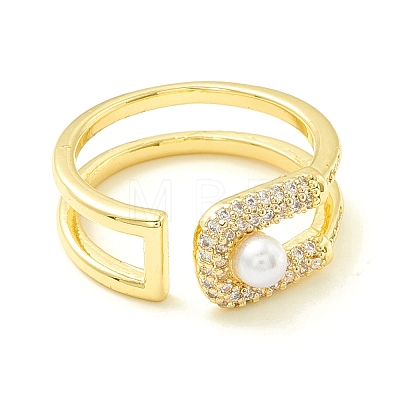 Clear Cubic Zirconia Intial Letter D Shape Open Cuff Ring with Imitation Pearl for Women ZIRC-P096-16G-1