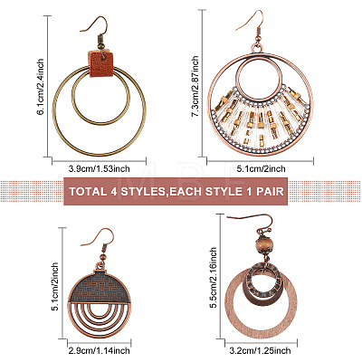 ANATTASOUL 4 Pairs 4 Styles Alloy & Iron & Wood Dangle Earrings with Iron Pins EJEW-AN0004-58-1