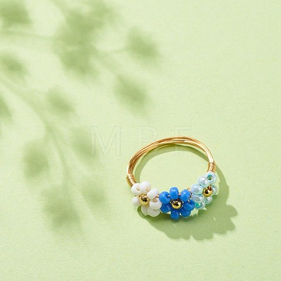 Glass Seed Braided Bead Flower Finger Rings RJEW-TA00054-02-1