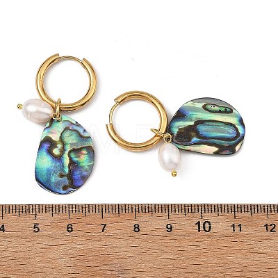 3 Pairs 3 Styles Natural Cultured Freshwater Pearl Beads & Paua Shell Dangle Hoop Earrings EJEW-JE07254-1