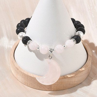 Natural Madagascar Rose Quartz & Lava Rock & Shell Pearl Charm Bracelets BJEW-JB13707-02-1