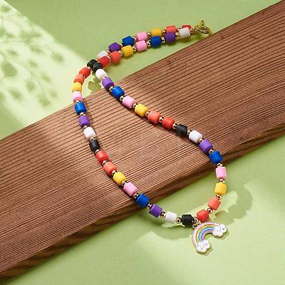 Rainbow Alloy Enamel Pendant Necklaces for Women NJEW-JN03991-1