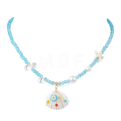 Ocean Natural Shell Copper Wire Wrapped Flower Shell Pendant Faceted Rondelle Glass and Round Shell Pearl Beaded Necklaces NJEW-TA00222-1