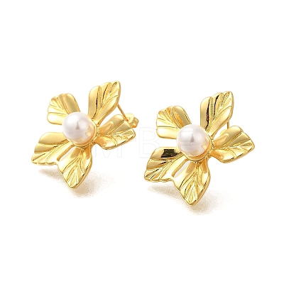 Rack Plating Flower Brass & ABS Imitation Pearl Stud Earrings EJEW-I310-21G-1