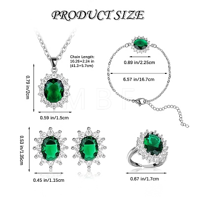 Cubic Zirconia Oval Pendant Necklace & Link Bracelet & Cuff Ring & Stud Earrings SJEW-SZC0001-01B-1