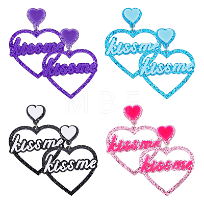 FIBLOOM 4 Pairs 4 Colors Heart with Word Kiss Me Acrylic Dangle Stud Earrings EJEW-FI0002-34-1