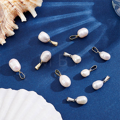 10Pcs 2 Styles Natural Cultured Freshwater Pearl Rice Pendants PALLOY-BBC00006-1