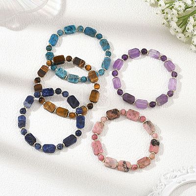 Natural Mixed Stone Rectangle and Round Beaded Stretch Bracelets BJEW-JB14493-1