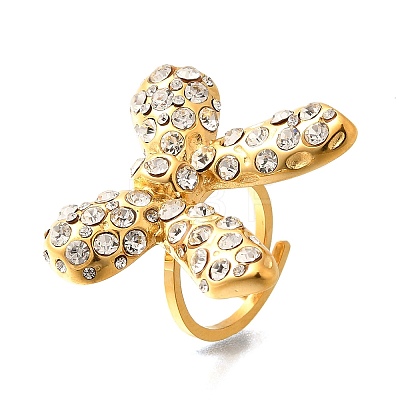 Bowknot 304 Stainless Steel Rhinestone Cuff Rings for Women RJEW-A058-01B-G-1