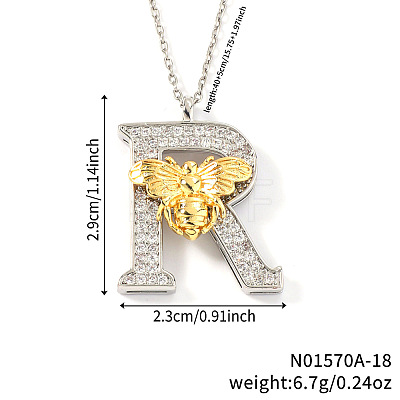 Brass Micro Pave Clear Cubic Zirconia Bee Initial Pendant Necklaces FS-WGF5E80-18-1