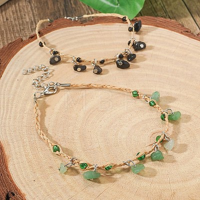 Bohemian Style Natural Green Aventurine and Black Stone Chip Tassel Raffia Cord Double Layer Anklets FS-WGA75A5-04-1