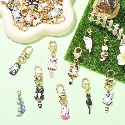 12Pcs 12 Styles Alloy Enamel Cat Shape Pendant Decorations HJEW-YW00488-1
