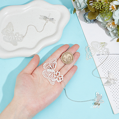 3Pcs 3 Styles Butterfly & Butterfly & Dragonfly Filigree Brass Bookmark with Chains AJEW-SC0002-93P-1