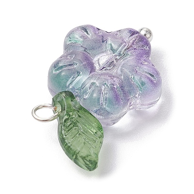 Transparent Glass Flower & Acrylic Leaf Pendants PALLOY-JF02287-01-1