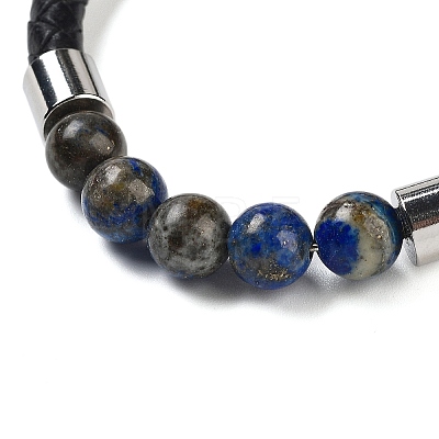 Natural Lapis Lazuli Round Bead Braided Leather Cord Bracelets for Men Women BJEW-A009-11P-03-1