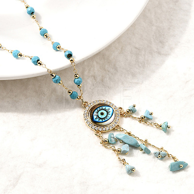Boho Brass Resin Evil Eye Pendant Necklaces with Dyed Natural Howlite Chip Tassel NJEW-L014-03G-1