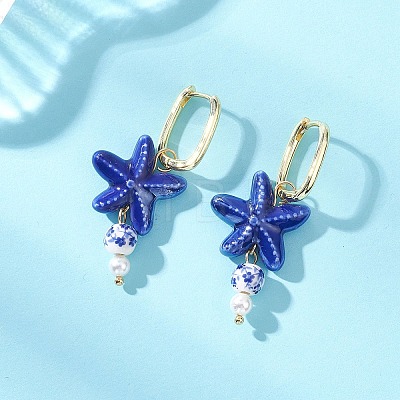 Porcelain & Shell Pearl Bead Dangle Hoop Earrings EJEW-JE07244-1