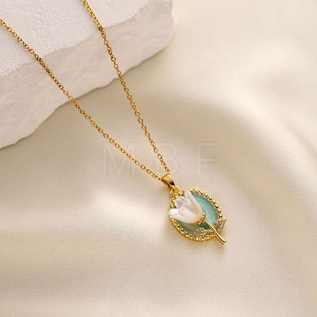 304 Stainless Steel Crystal Rhinestone Emanel Oval with Acrylic Tulip Flower Pendant Cable Chain Necklaces for Women WGD1E82-01-1